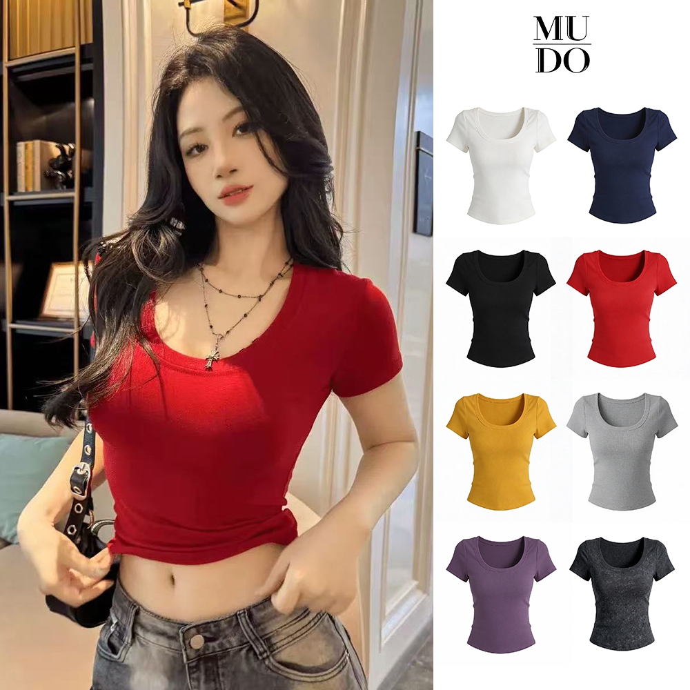 MUDO เสื้อยืดคอกลมแขนสั้นสำหรับผู้หญิง ทรงเข้ารูป ดีไซน์เน้นรูปร่างเพรียว ผลิตจากผ้ายืดหยุ่น สวมใส่สบาย รุ่นทรงตรง#1003