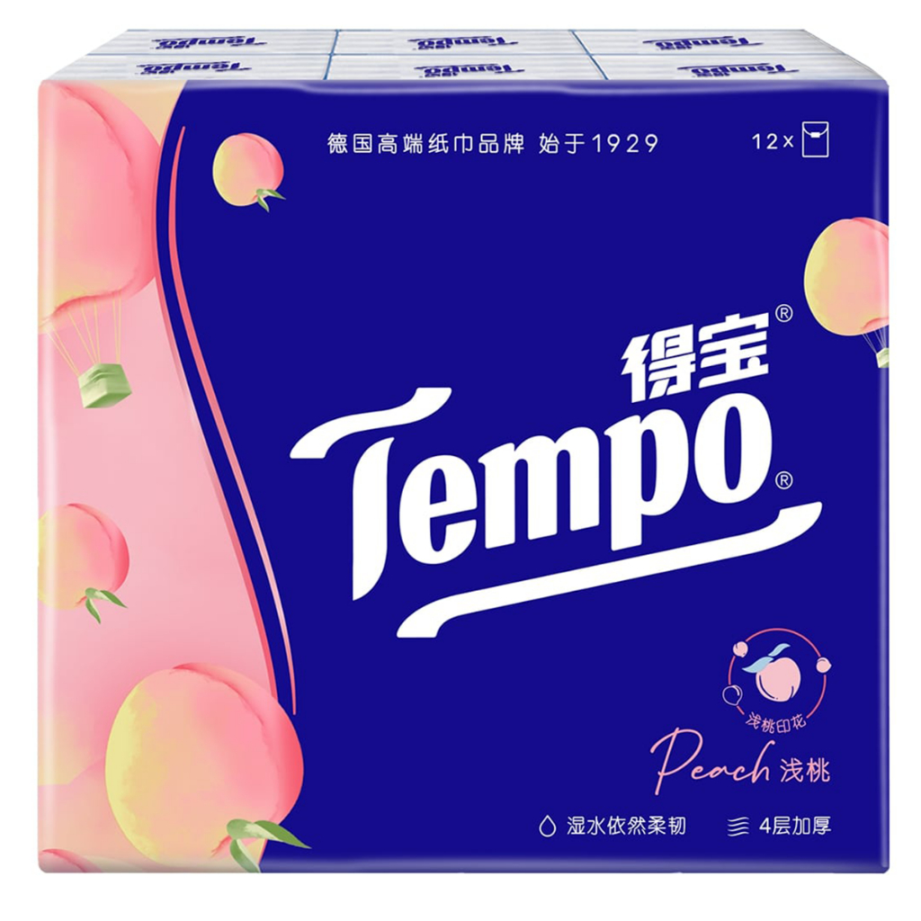 (1แถม1 ถึง 21เมษา) Tempo กระดาษเช็ดหน้า เช็ดมือ กลิ่นพีช 1แพ็ค มี12ห่อ