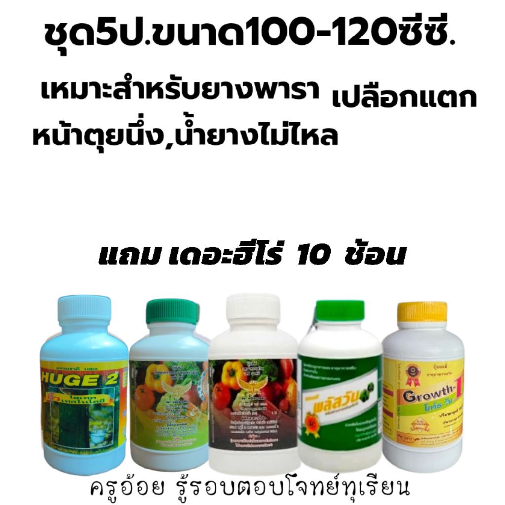 ปุ๋ยน้ำ 5 ป.6 สหาย ขนาด100-120 ซีซี.แถมเดอะฮีโร่ 10 ช้อน,เพิ่มน้ำยาง,แก้ยางหน้าตุย,ยางไม่ไหล,เปลือกแตก,เป็นราดำ,