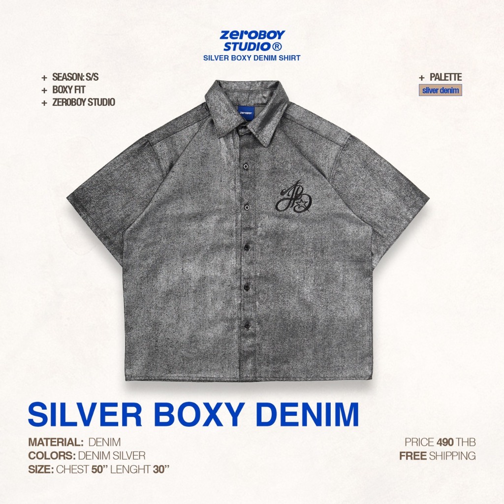 ZER0BOY® — SILVER BOXY DENIM SHIRT เสื้อยีนส์สีเงินแขนสั้น