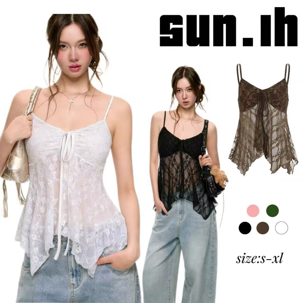 SUN🛍️พร้อมส่ง🛍️เสื้อสายเดี่ยวลูกไม้เซ็กซี่สไตล์อเมริกัน ดีไซน์ใหม่ ทรงเข้ารูป ใส่ได้หลายโอกาส