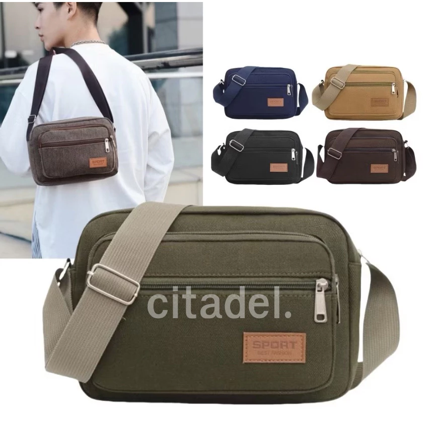 CITADEL กระเป๋าสะพายข้าง ผ้าแคนวาส มีช่องใส่เยอะ 5 ซิป มีให้เลือก 5 สี พร้อมส่งในไทย มีส่งด่วน Z-038