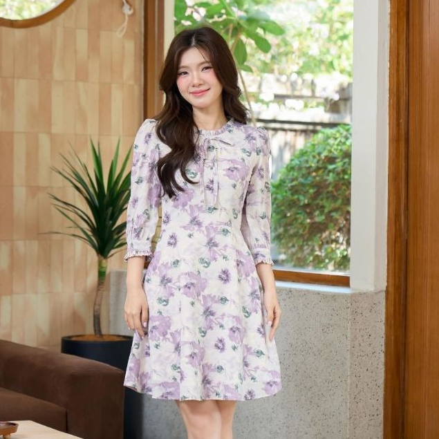 Pixie Pena Dress (Lavender) เดรสแขนริ้ว เดรสลาเวนเดอร์ เดรสทำงาน