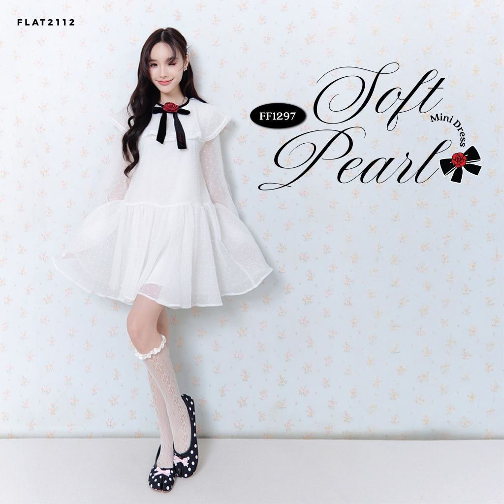 FLAT2112 : SOFT PEARL MINI DRESS เดรสสั้นสีขาวผ้าชีฟอง ลุคคุณหนูโรแมนติก เดรสสายหวาน เดรสโรแมนติก เดรสลุคคุณหนู (FF1297)