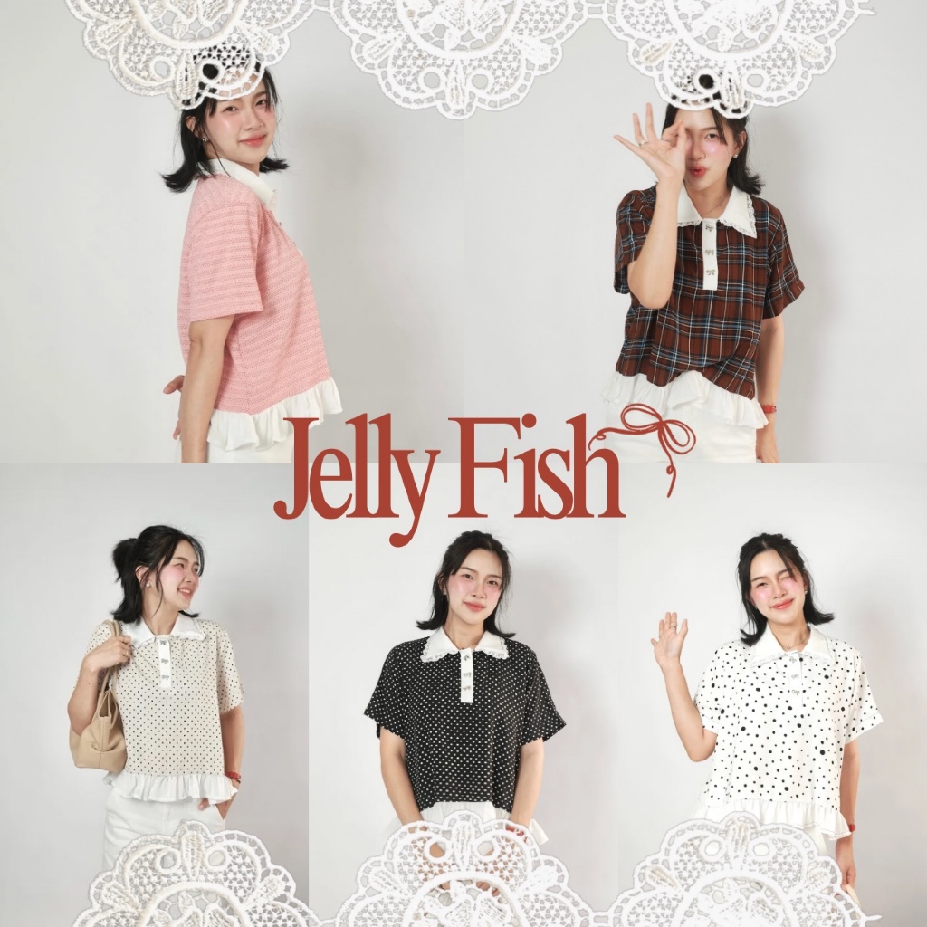 JELLY FISH TOP ♡︎ เสื้อระบายแขนสั้น ปกระบายลูกไม้ กระดุมโบว์