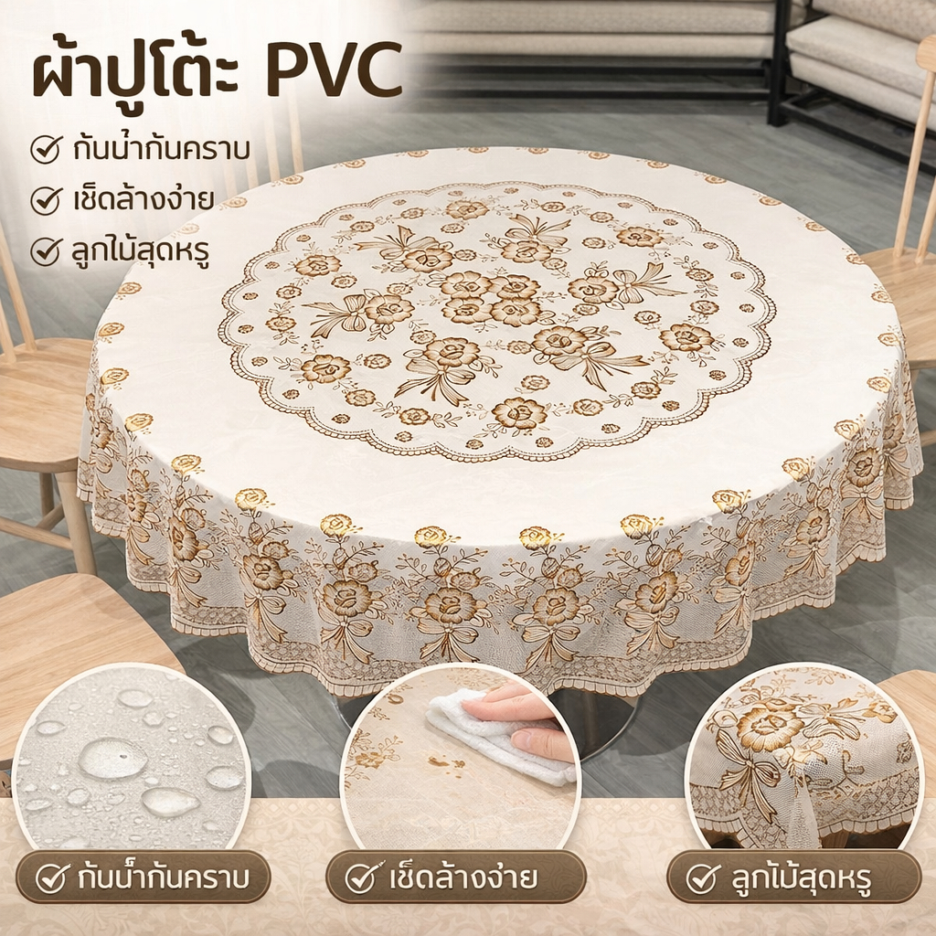 ผ้าปูโต๊ะทรงกลมสไตล์ยุโรปแบบใหม่ PVC ทำความสะอาดง่าย กันน้ำ-น้ำมัน พร้อมผ้าเกรดพรีเมียมหนาพิเศษ
