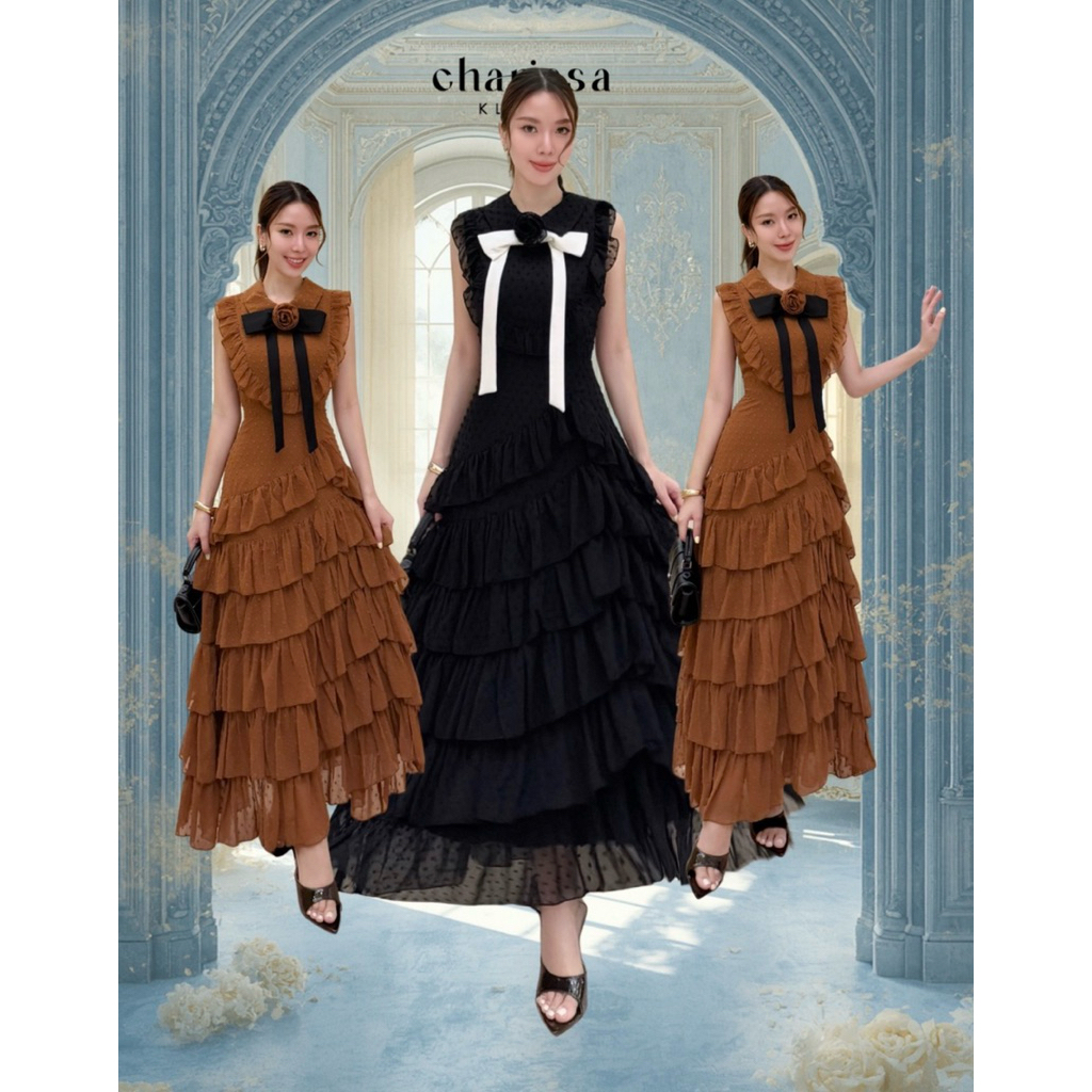 เดรสยาวงานตัดเกรดพรีเมียม ผ้า chiffon dot code 26700