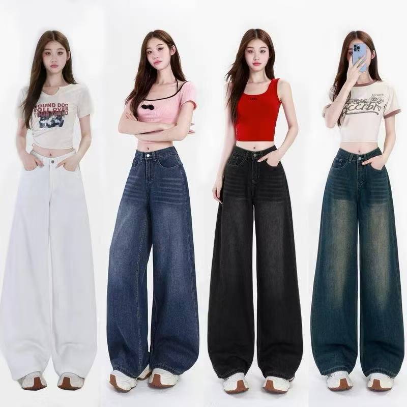 TwoStar กางเกงยีนส์ขายาวสีดำทรงตรงสำหรับผู้หญิง เอวสูง ทรงหลวม ใส่สบาย ขากว้าง อเนกประสงค์ ลำลอง