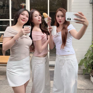 (ไม่ผลิตเพิ่ม)BEMYCHIC เสื้อปาดไหล่แต่งโบว์ รุ่น romance top