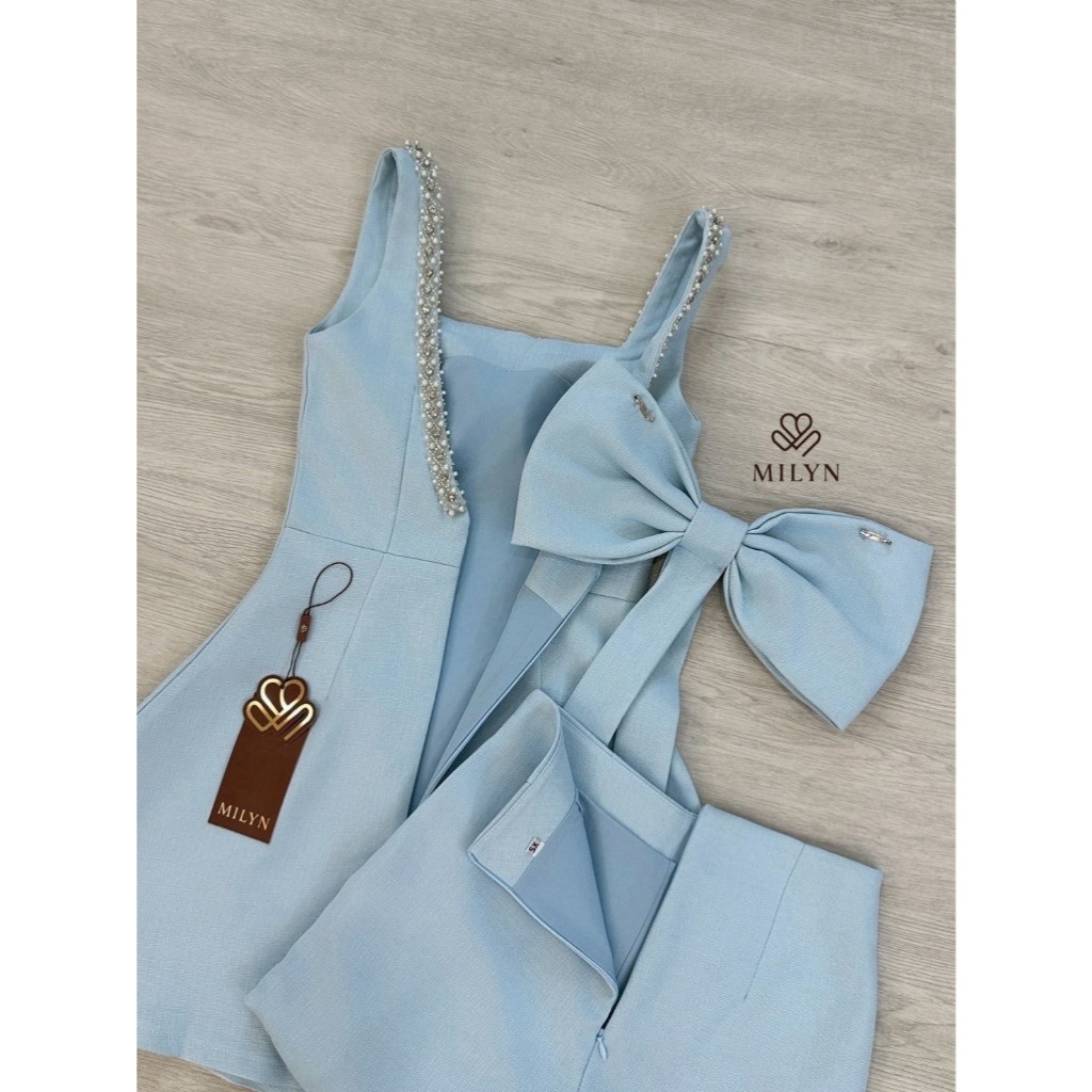 MILYN มินิเดรสตัวเดรสแขนกุดกระโปรงทรงพลิ้วสวย-สีฟ้า - รูปที่ 6