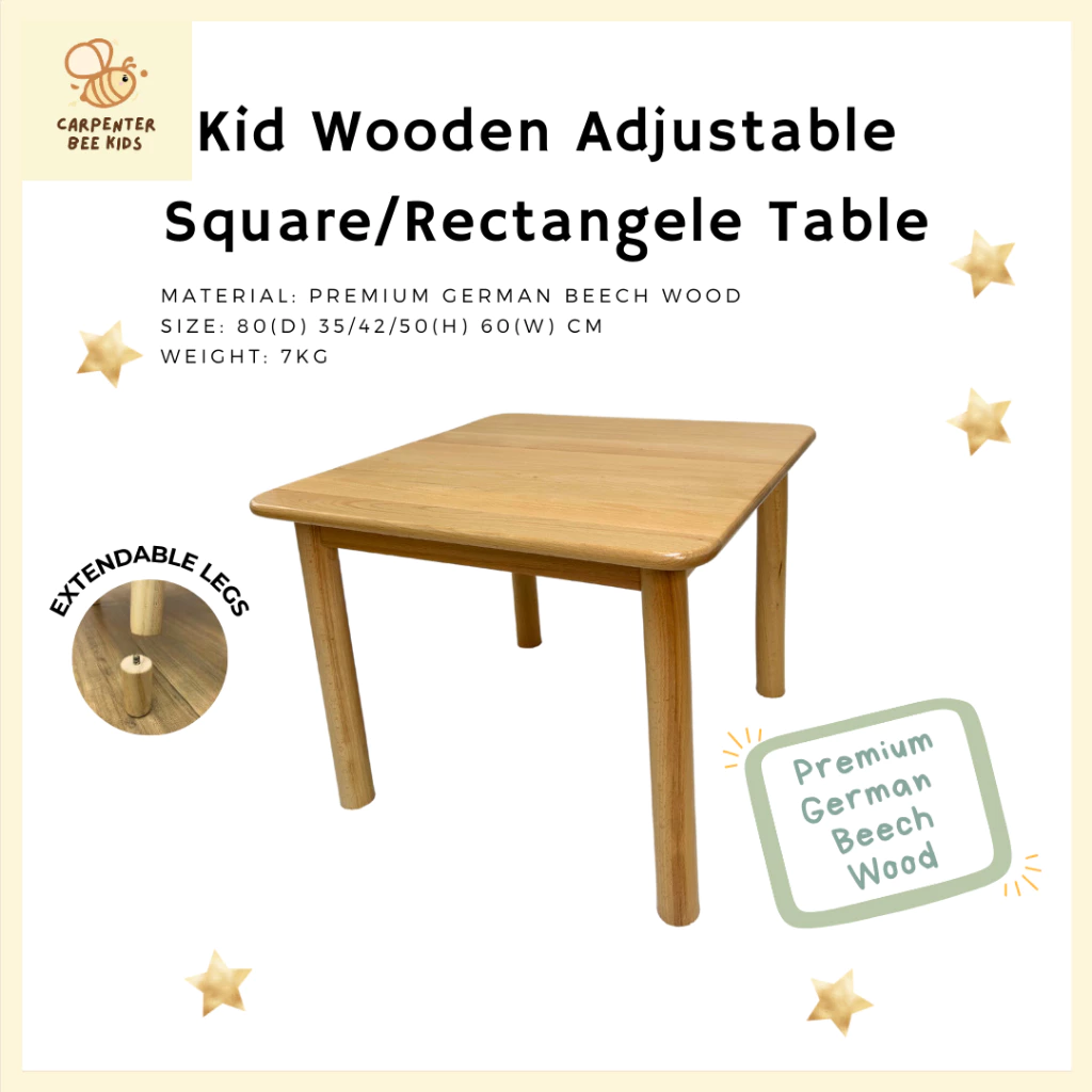 โต๊ะไม้เด็กทรงสี่เหลี่ยม พรีเมี่ยม ใช้ไม้นำเข้าจากยอรมัน ผิวสัมผัสเร/Kid Wooden Study Table Height Adjustable 8month-6Y