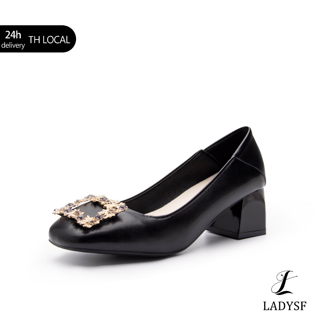LADYSF รองเท้าส้นสูงผู้หญิงสีดำ สไตล์เกาหลี ส้นหนา เรียบหรู ใส่สบาย สำหรับงานออกงานและออฟฟิศ