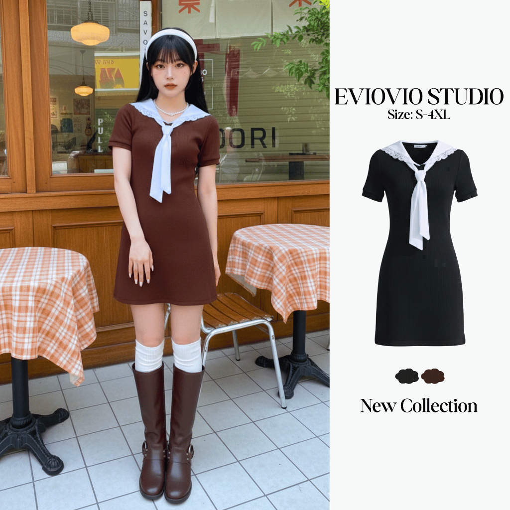 【EVIOVIO】S-4XLเดรสคอปกผูกโบว์ ทรงเอ ผ้ายืดร่องใส่สบาย ช่วยพรางหุ่นให้ดูเพรียว ใส่ทำงาน ใส่เที่ยว ตัวเดียวเอาอยู่ทุกโอกาส