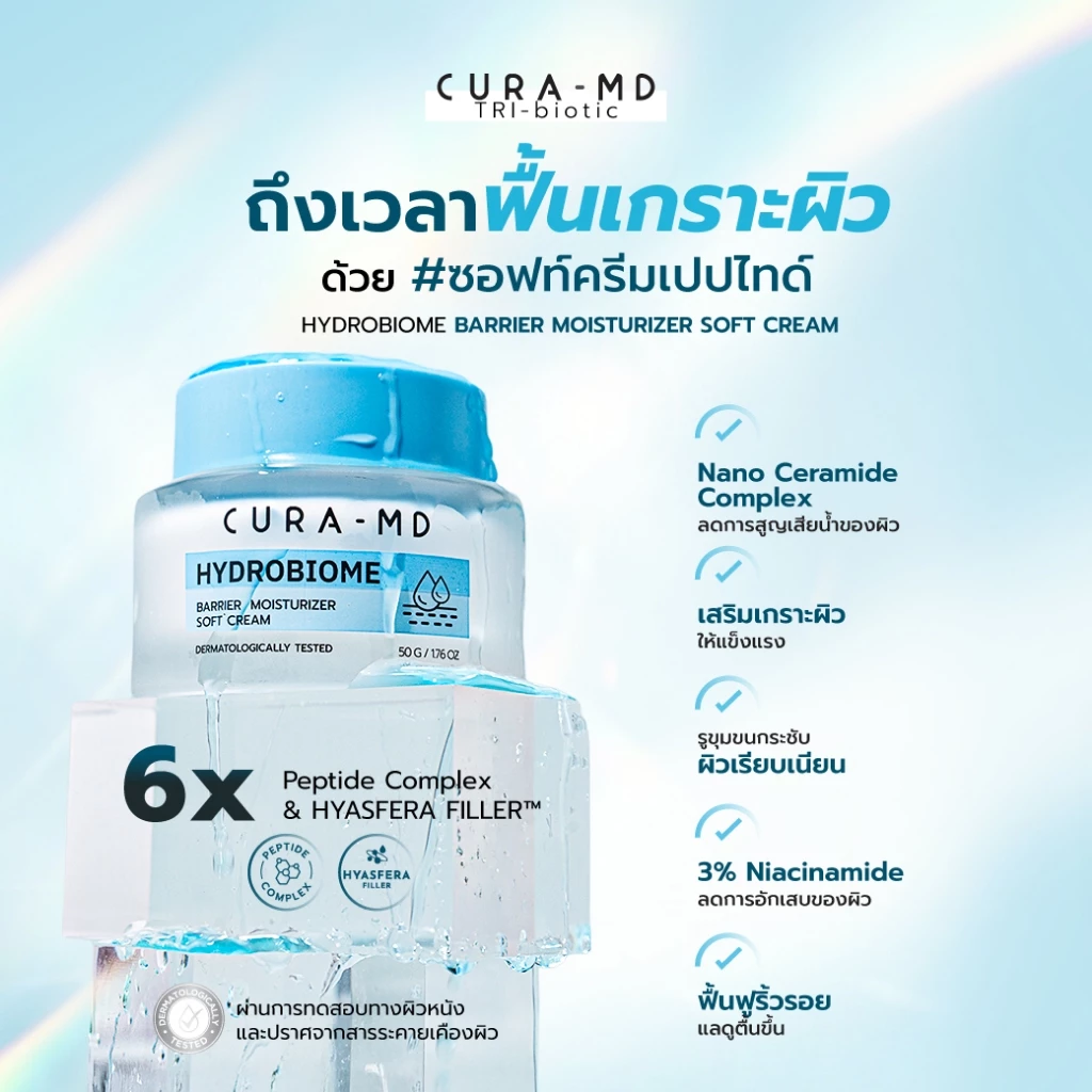 CURA-MD Hydrobiome Moisturizer Soft Cream 50 ml. คูร่า เอ็มดีซอฟท์ครีม เติมคอลลาเจน ฟื้นเกราะผิวขั้นสุด