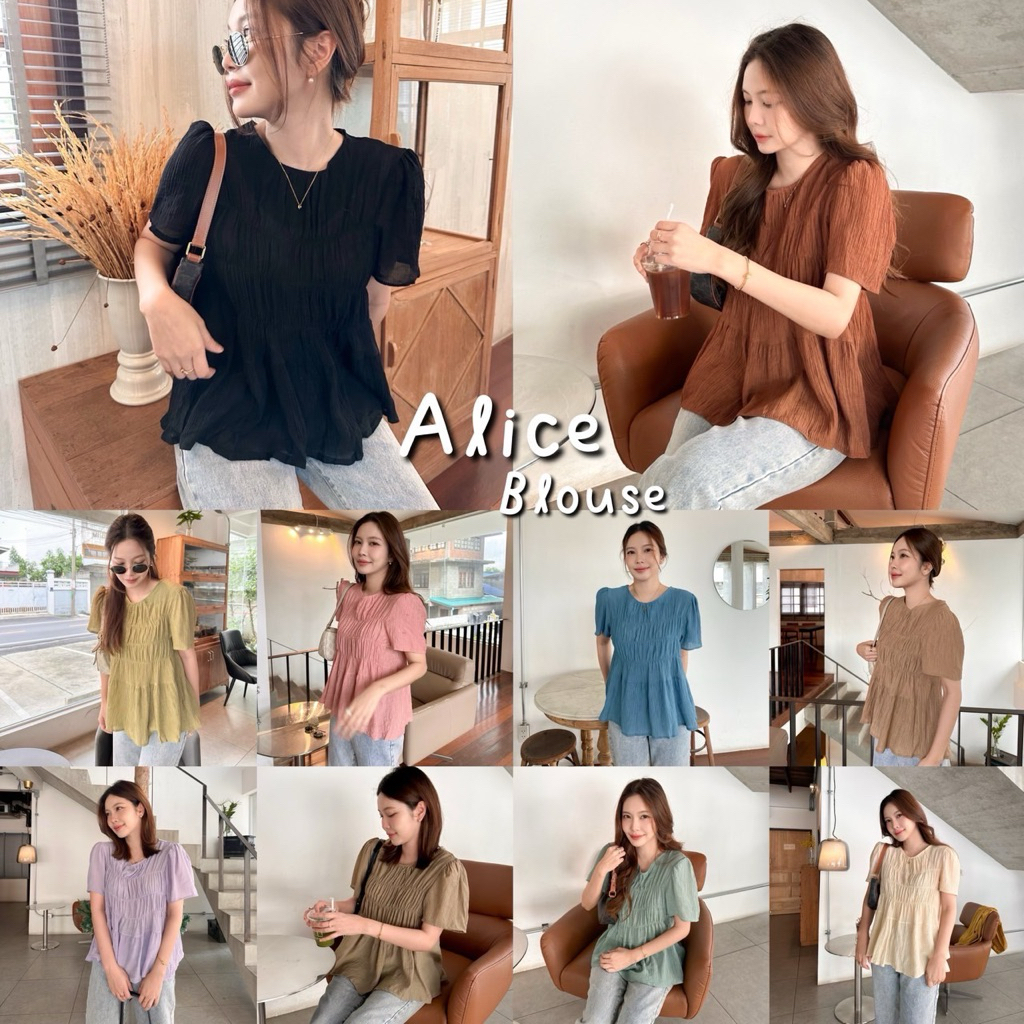 ALICE BLOSE เสื้อดีเทลน่ารัก อัดยับย่น ผ้าฝ้ายผสมเนื้อบางเบาใส่สบาย ไม่ต้องรีด