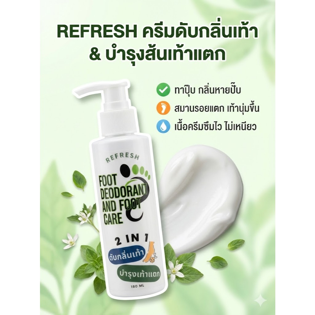 REFRESH ครีมดับกลิ่นเท้า 2IN1 180ML ดับกลิ่นเท้าแรง แก้เท้าเหม็น บำรุงส้นเท้าแตก ระงับกลิ่นเท้า