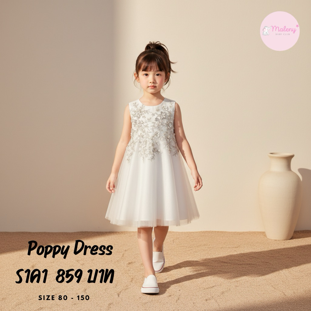 เดรสออกงานเด็กแนวเกาหลีสีขาว ปักลูกปัดช่วงอก  Poppy Dress