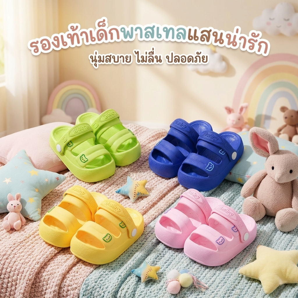 รองเท้าแตะรัดส้นเด็ก สีเบจสไตล์มินิมอล เบา นุ่ม กระชับ เดินสบาย