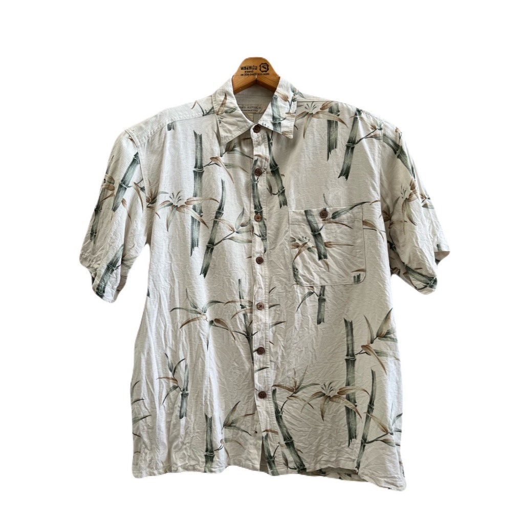เสื้อฮาวาย อก48 ไหล่20 ยาว29 สีครีม แบรนด์ Island Republic 100%Silk (V69) มือสอง