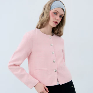 Bemingtop1102(XS-3XL)-BMG Tweed Blazer - เสื้อเบลเซอร์แขนยาวคอกลม ดีไซน์กระดุมหน้าผ้าทวีต