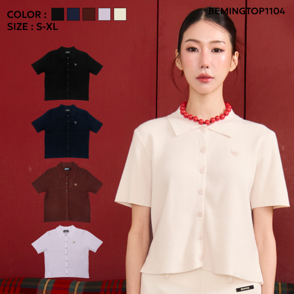 Bemingtop1104(S-XL)-BMG Polo Rib Top-เสื้อโปโลไหมพรมลายริบ ดีไซน์เรียบคอปกทรงคลาสสิก ดีเทลโลโก้ BMG