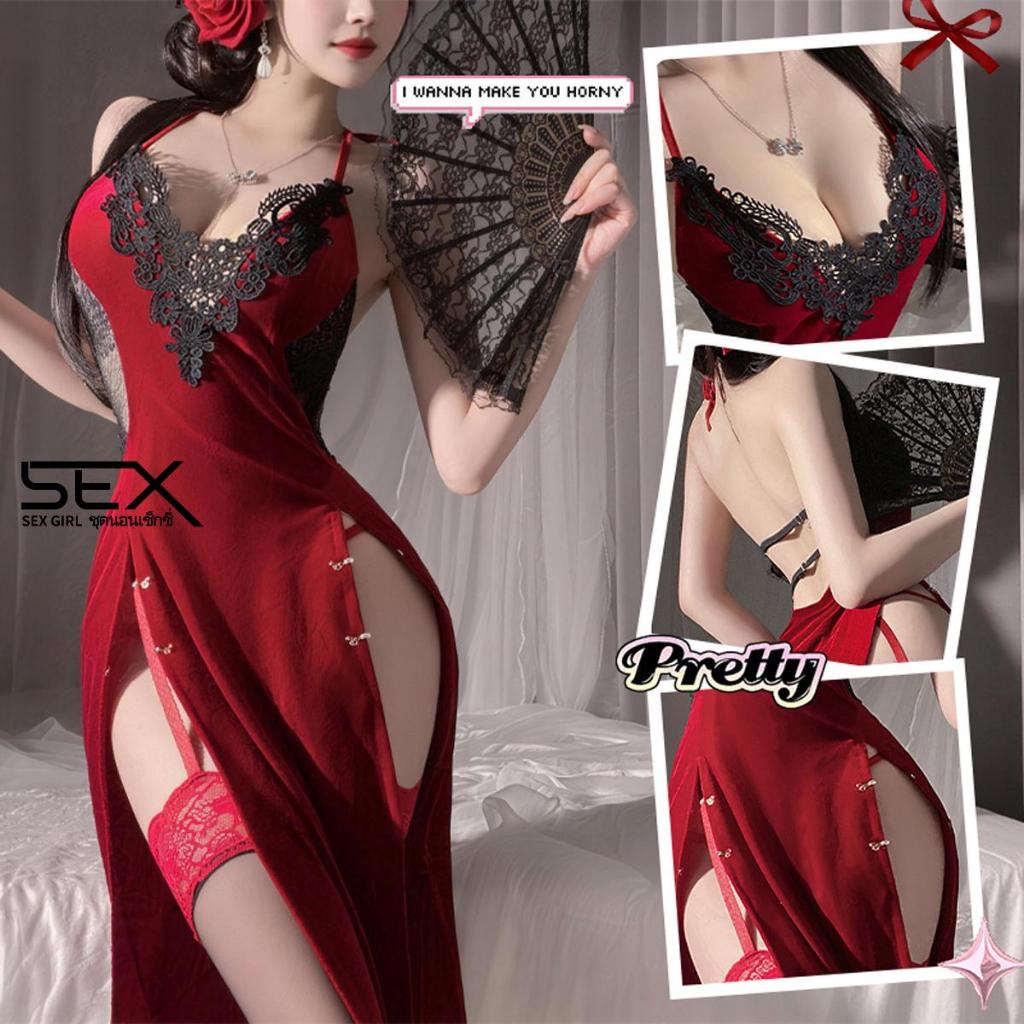 SexyGirl🪭🪭เดรสลูกไม้สไตล์วินเทจ ชุดเซ็กซี่ผ่าสูง คอเสื้อลูกไม้ เปิดหลัง วัสดุคุณภาพสูง.