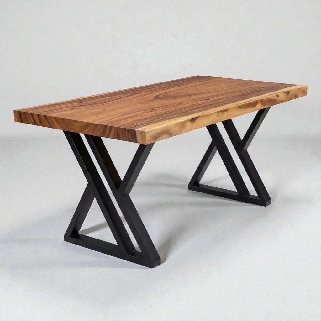 Blue Sea Wood โต๊ะไม้จามจุรีแผ่นเดียว (ท็อปไม้ขอบตรง) ขาเหล็กพ่นดำ ทรง Double Z สไตล์โมเดิร์น / สไตล์ลอฟท์ จัดส่งฟรี!