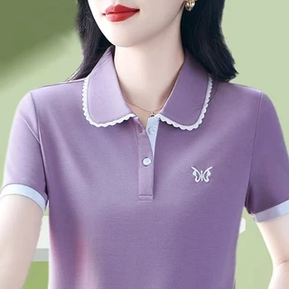 เสื้อยืดแขนสั้นมีปกสำหรับผู้หญิง สไตล์ใหม่สำหรับฤดูร้อน ใส่ได้หลายโอกาส ทันสมัย ​​ดูอ่อนเยาว์ มีไซส์ใหญ่ ช่วยให้ดูผอมเพร