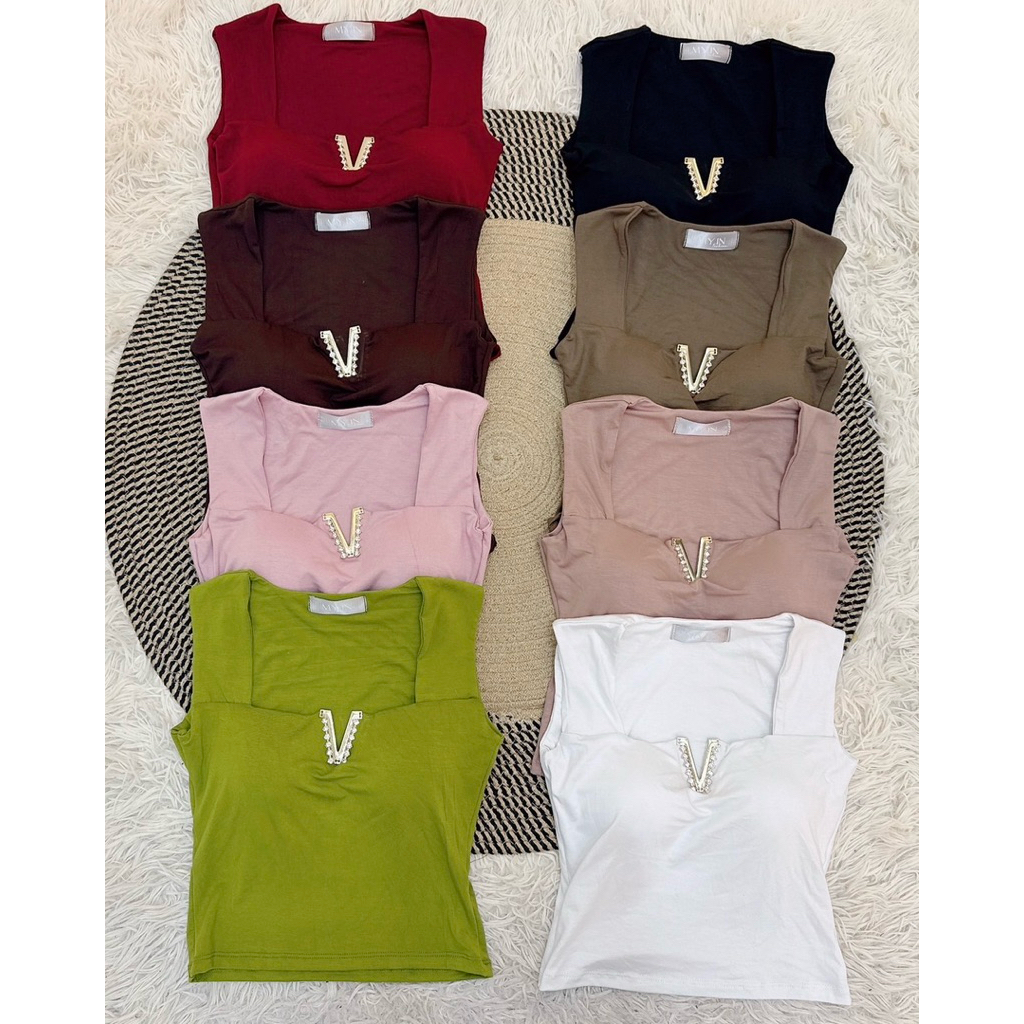 MNV STUDIO เสื้อครอปกล้าม แค่งอาไหล่วีเพชร เสริมฟองน้ำในตัว