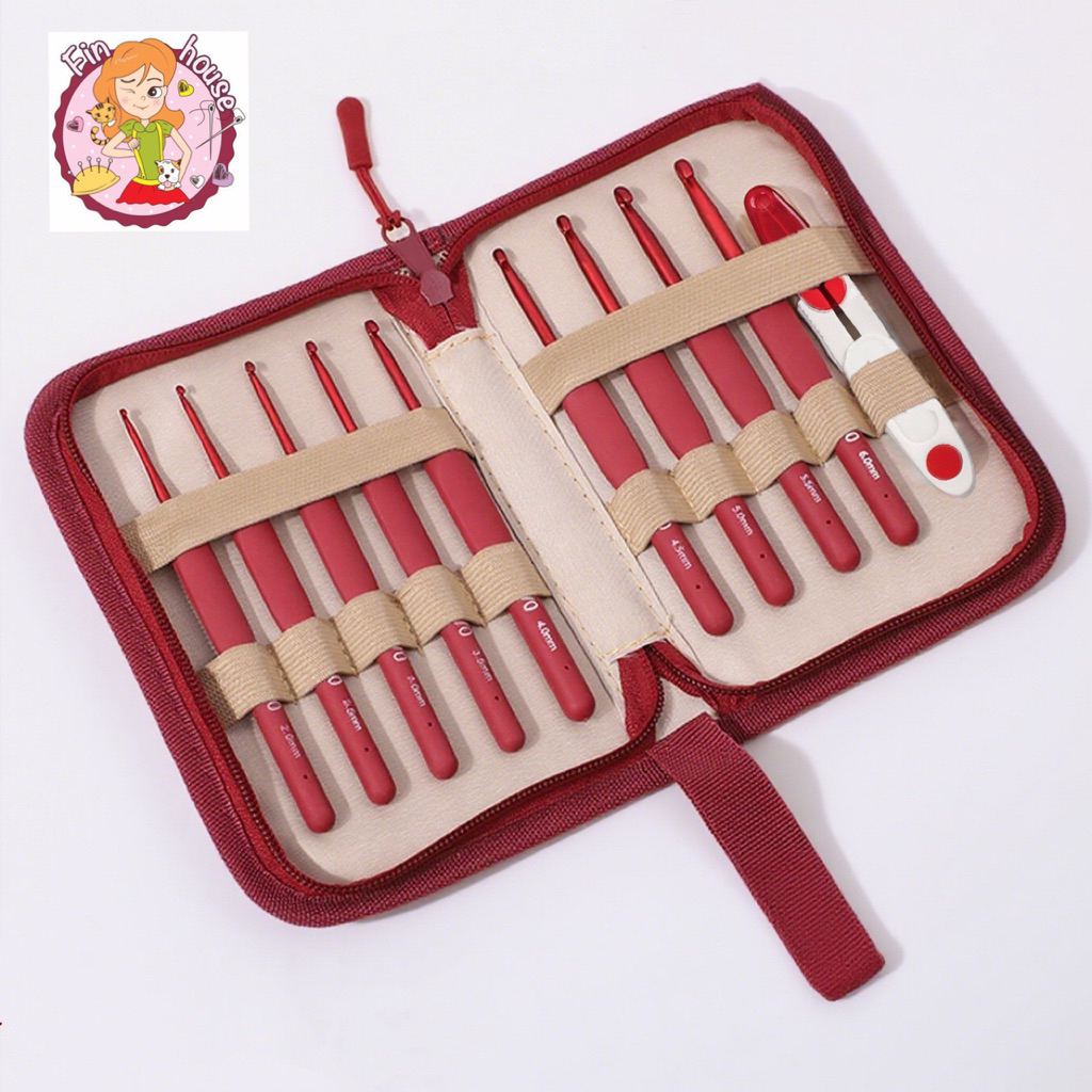 🧸ชุดโครเชต์โลหะ อลูมิเนียมสีแดง เข็มถักไหมพรม  9 ชิ้นต่อชุด🪡🧵