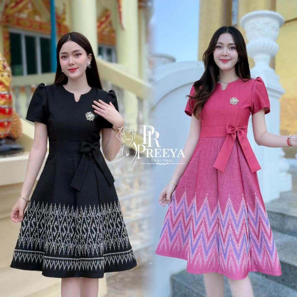PR166 เดรสผ้าฝ้ายทอลาย อัดกาวทั้งชุด คัตติ้งเนี๊ยบ มีไซส์S-2XL แบรนด์ preeya