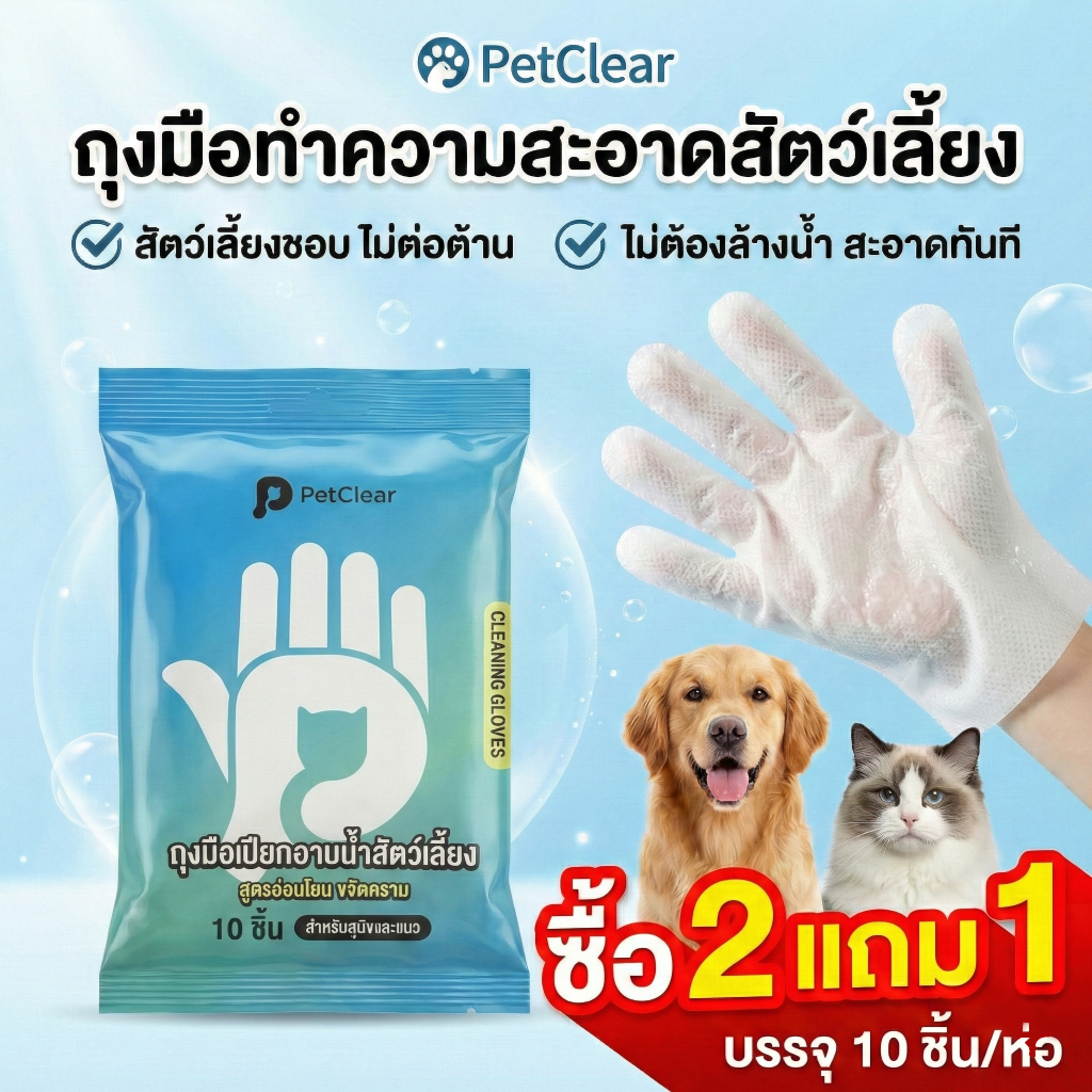 【ซื้อ 2 แถม 1 ฟรี】PetClear ถุงมือทำความสะอาดสัตว์เลี้ยง (10 ชิ้น/แพ็ค) ถุงมือกรูมมิ่งสัตว์เลี้ยง แชมพูแมว ผ้าเช็ดทำความส