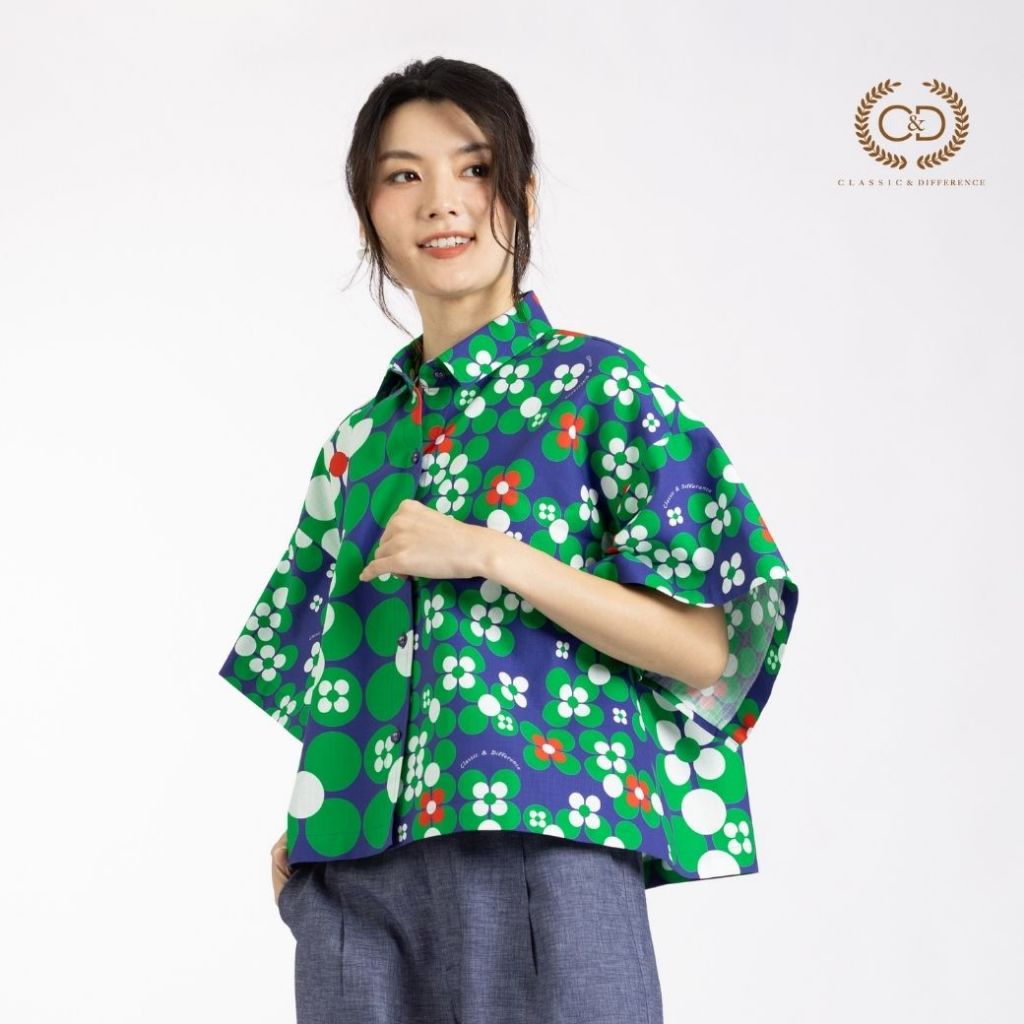 C&D blouse Dot flowers Green Short sleeve Green เสื้อผู้หญิง ดอท ฟลาวเวอร์ กรีน แขนสั้น สีเขียว CC6ZGR - รูปที่ 3