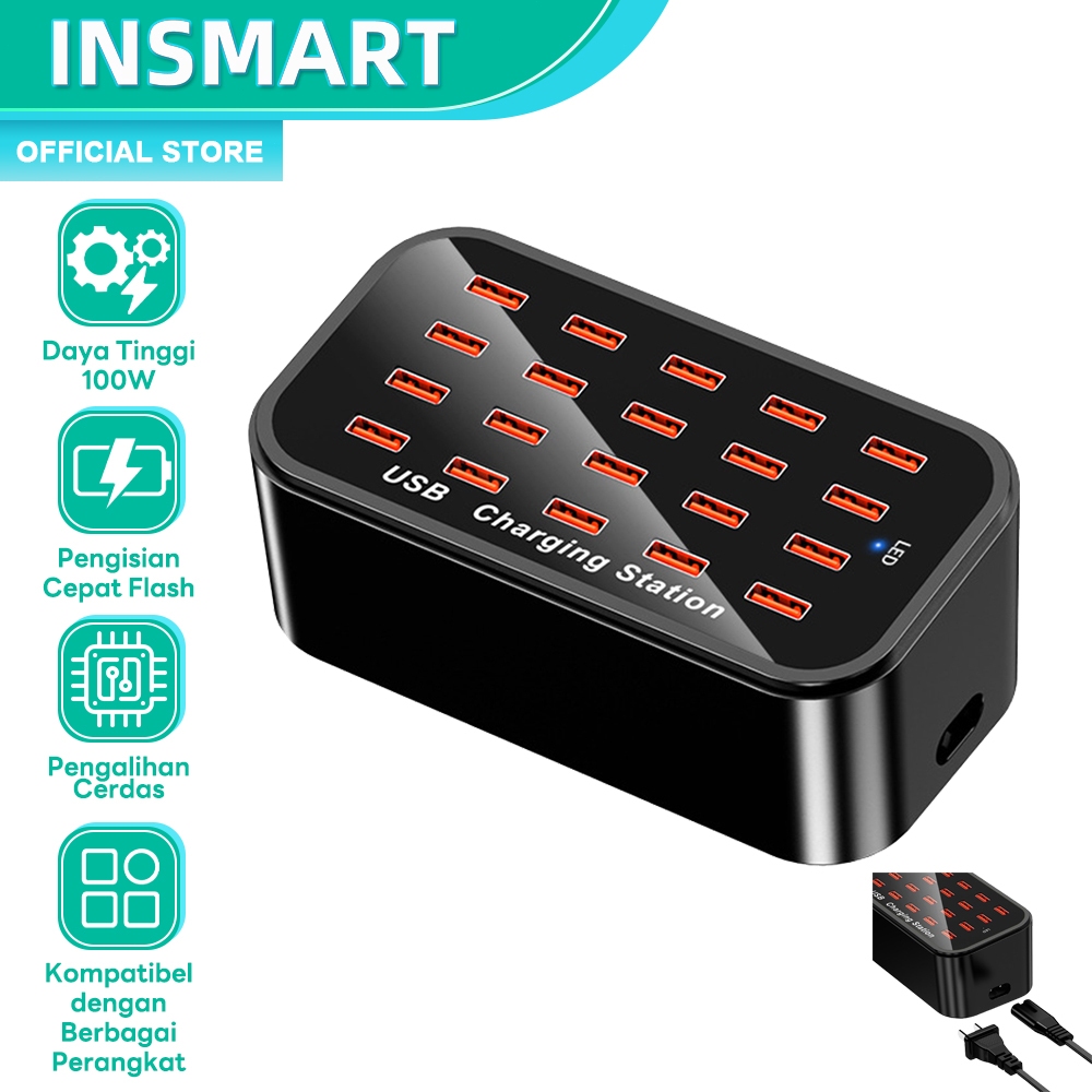 INSMART ชาร์จ USB 20 หัวชาร์จเร็ว ชาร์จหลายเครื่องไม่ขัดขวาง เหมาะสำหรับโทรศัพท์และแท็บเล็ต