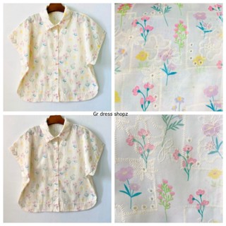 ป้าย June เสื้อเชิ้ตแขนสั้นผ้าคอตตอนปักฉลุลายทั้งตัวทรงแขนล้…