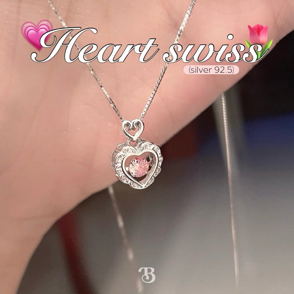 ꒰ สร้อยคอ Heart swiss Silver925 สร้อยหัวใจสีชมพู สร้อยเงินแท้ ดีเทลเป็นสีชมพู เพชรเล่นแสงดีมากก - Burwoodstore