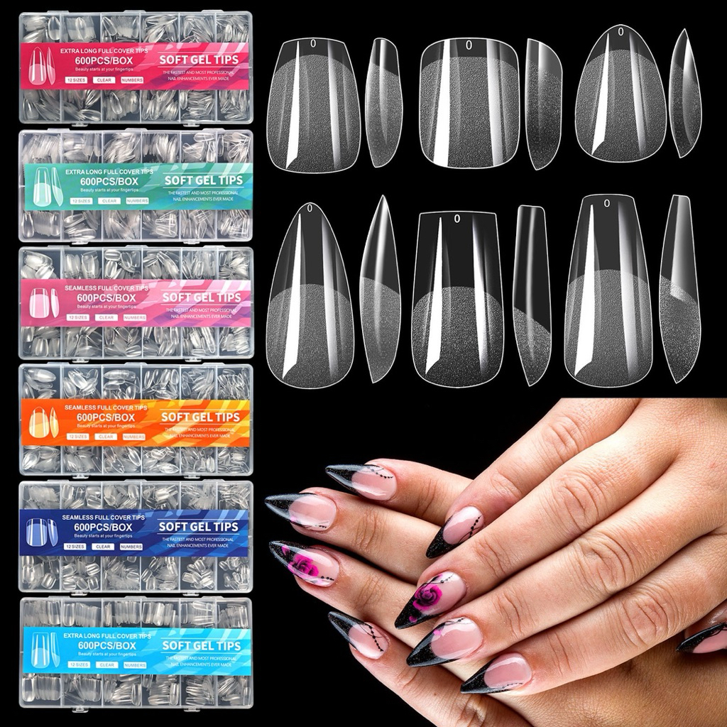 เล็บPVC Soft Gel Tips เนื้อPVCมีความยืดหยุ่น ใช้งานง่าย แบบกล่อง 12 ไซส์ 600ชิ้น สินค้าพร้อมส่ง
