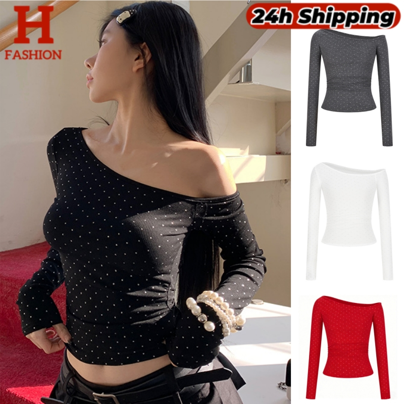 HOT พร้อมส่ง เสื้อเปิดไหล่แขนยาว ดีเทลแต่งเพชรจริงเล็กๆคาวาอี้ สีพื้น FY2319