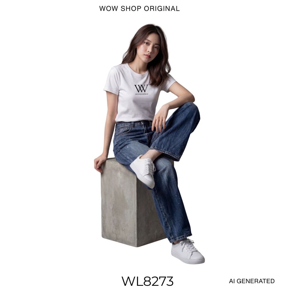WOWSHOP WL8273 กางเกงยีนส์ทรง Barrel สีเข้ม ทำเล่นจุดสีแรนด้อมทั่วตัว น่ารักมาก ราคา ถูกที่สุด ดีลบีเคเค แกลเลอรีภาพที่ 8