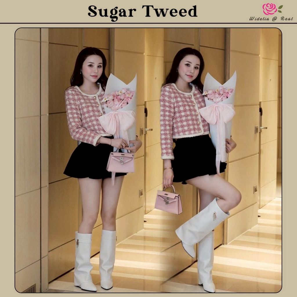 Sugar Tweed Set เสื้อทวิตแขนยาวกับกระโปรงสั้น เสื้อผ้าทวิตลายสก็อต เสื้อติดกระดุมหน้า กระโปรงเนื้อผ้ากำมะหยี่สีดำ