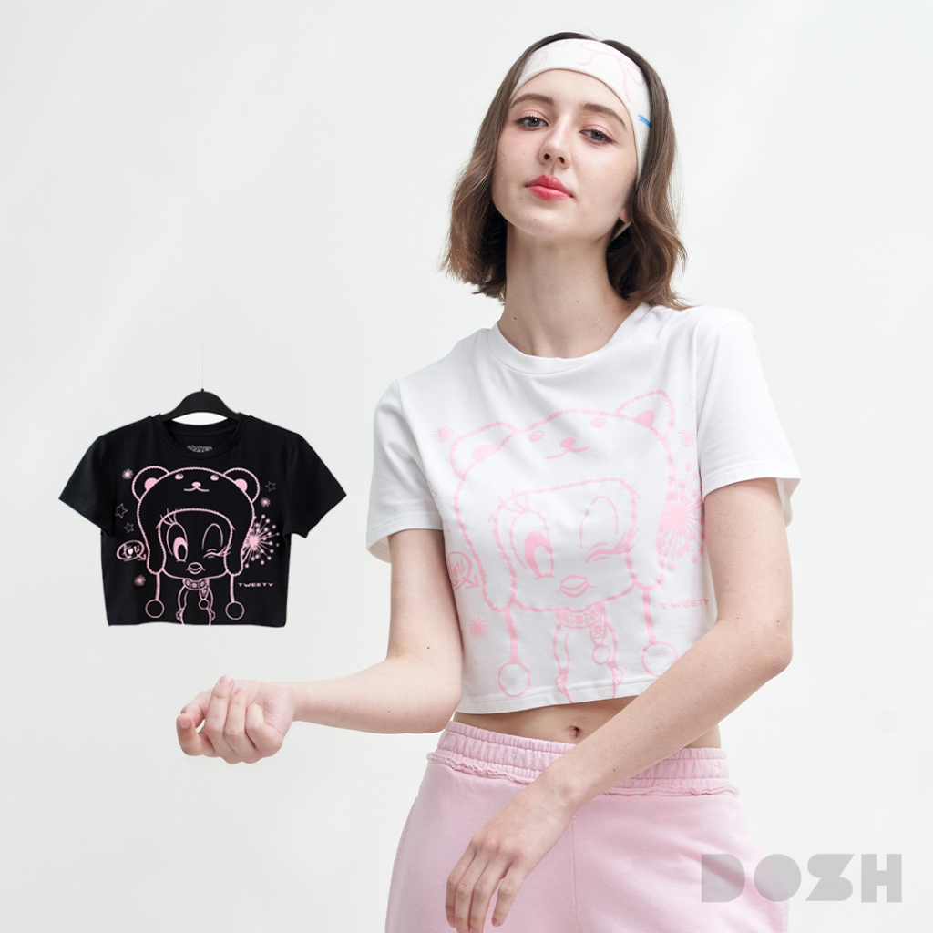 DOSH WOMEN'S BABY TEE LOONEY TUNES เสื้อครอปสั้น ผ้ายืด 2สี (ขาว-ดำ) DLTWT1012 (XS/S-M/L)