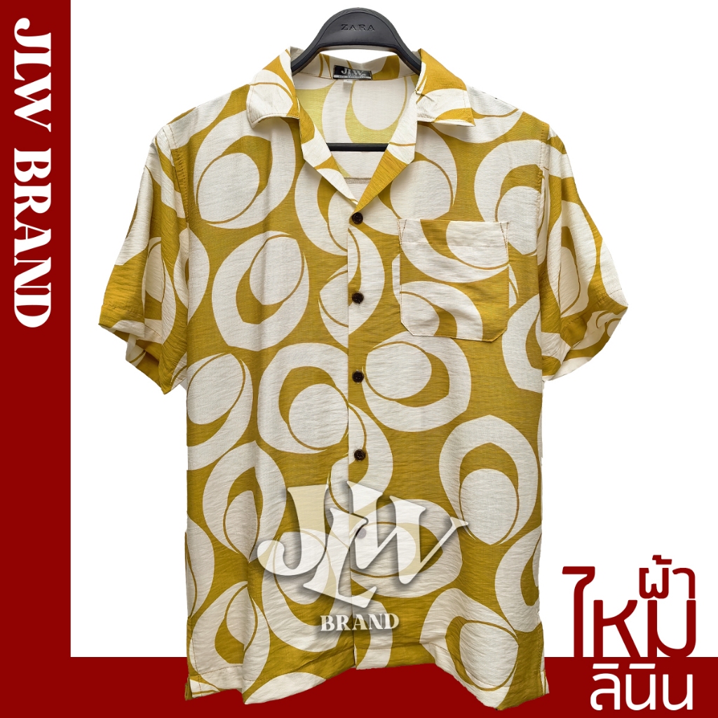 เสื้อฮาวาย ลายวงใหญ่ เหลือง ผ้าลินินซิลค์ นิ่ม M L XL Oversize คอฮาวาย JLW BRAND