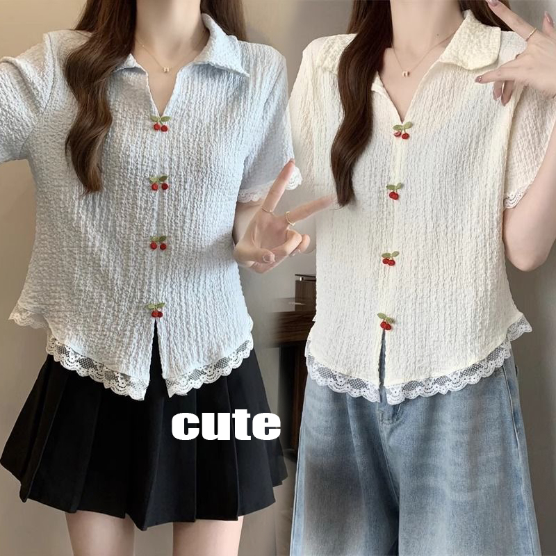 Cuties💖W708 เสื้อทรงคอโปโลแขนสั้น   เสื้อโปโล ไหมพรหมสีพื้นแต่งอะไหล่ ดีไซน์เรียบๆ ทรงสวย