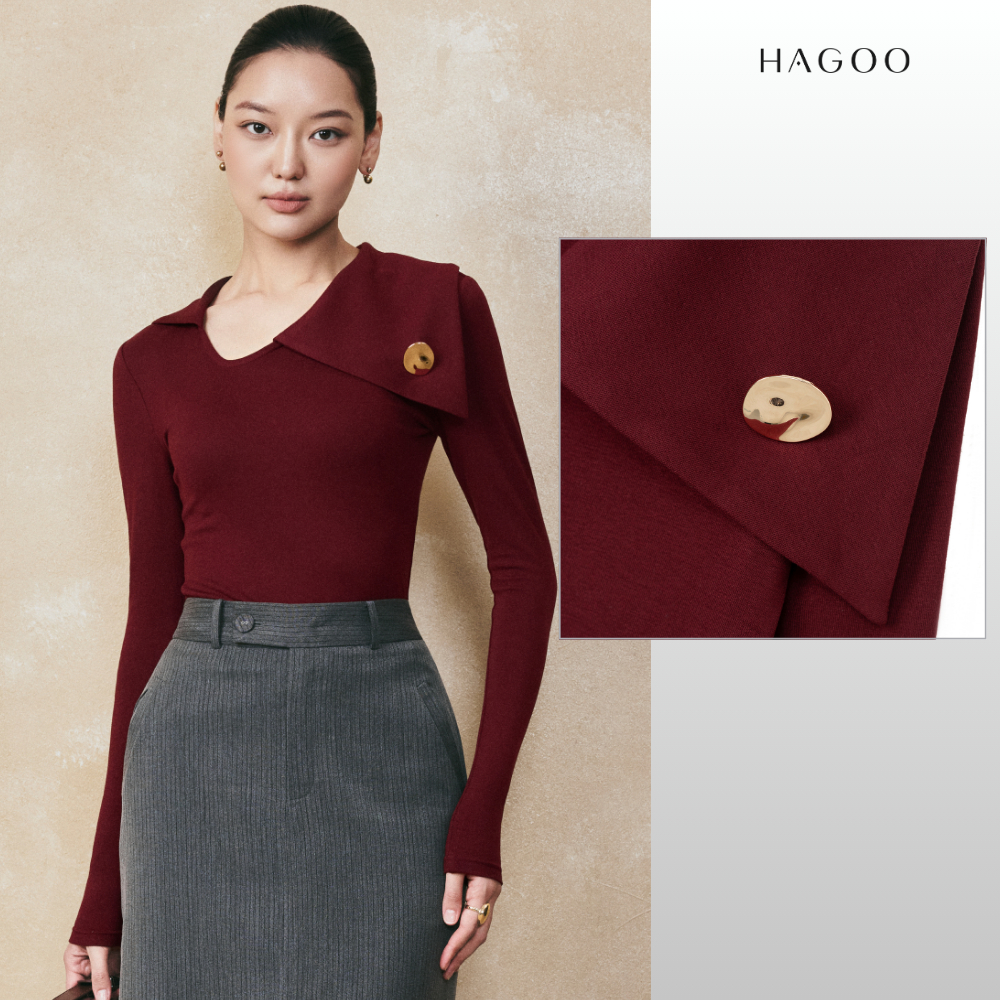 HAGOO เสื้อแขนยาวคอเฉียง ดีไซน์กระดุม ลุคสุภาพ [A8029]