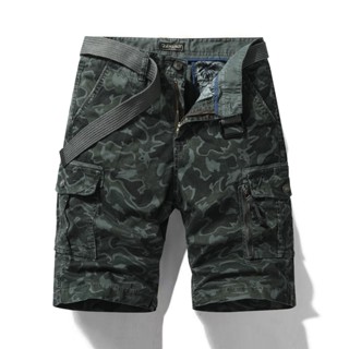 1862#กางเกงขาสั้นคาร์โก้หลายกระเป๋า ผ้ายืดผ้าคอตตอนแถมเข็มขั…