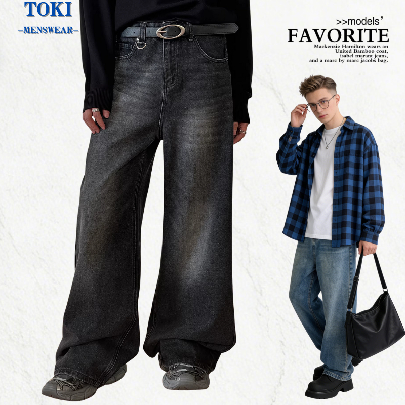 TOKI-กางเกงยีนส์ผู้ชาย ขายาว เอวยางยืด ทรงกระบอกใหญ่ ตรงขากว้าง เนื้อผ้ายีนส์ ใส่สบาย ทรงหลวม สียีนส์ฟอก baggy jeans