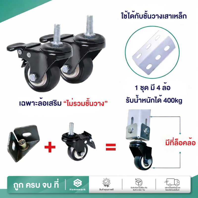 Homemark ล้อเลื่อน ล้อเสริมใช้กับ ชั้นวางของ หรือล็อกได้ ล้อหมุน 360 องศา แถมอุปกรณ์ครบ ล้อยาง ไร้เสียง เคลื่อนย้ายสะดวก