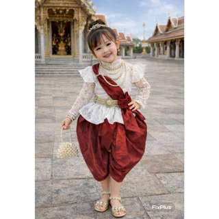 KT พร้อมส่ง 👗 ชุดไทยเด็กผ้าลูกไม้+ผ้าพาด กลัดโบว์ +โจงกระเบนสีไวน์สุดหรู 🎀 แถมกิ๊บโบว์ติดผม