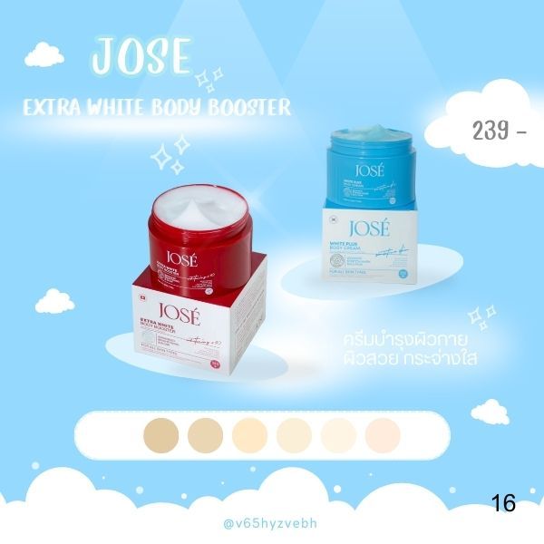 JOSE เป็นผลิตภัณฑ์บำรุงผิวกายที่มี 2 สูตรหลัก ได้แก่ Jose Extra White Body Booster (กระปุกสีแดง) และ