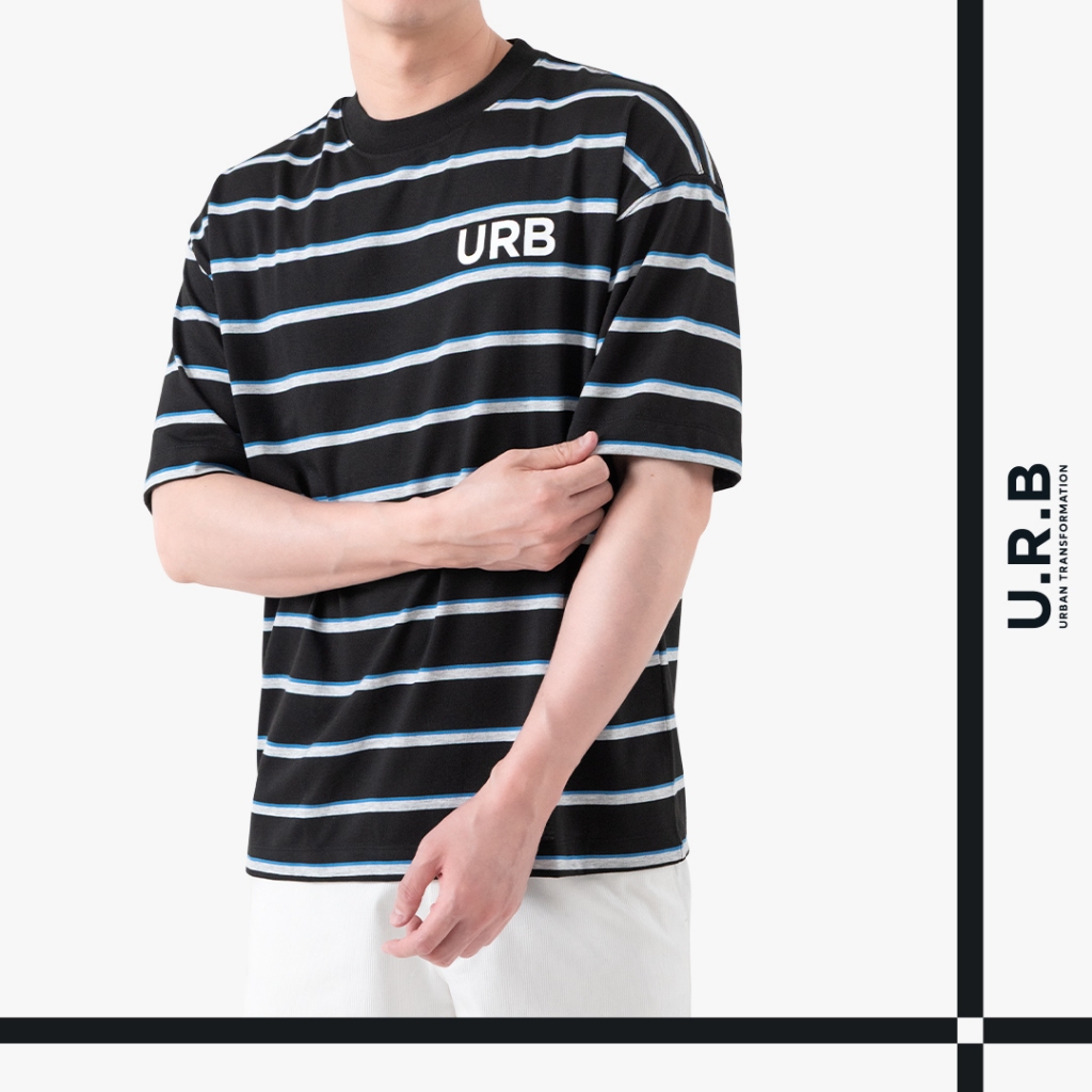 URBAN : UNISEX OVERSIZE STRIPED TEE เสื้อยืดโอเวอร์ไซส์ สีดำลายทางฟ้า Black Blue รุ่น 1UTMT5108
